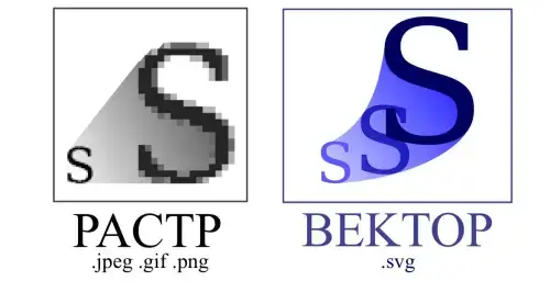 На фото видна разница растровой и векторной графики при увеличении изображения