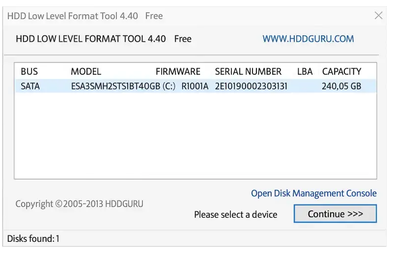 Интерфейс сервиса HDD Low Level Format Tool